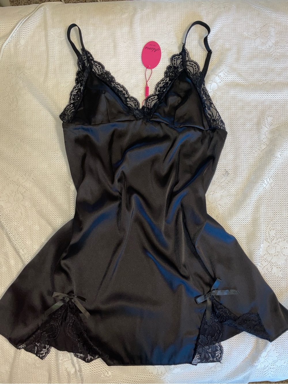 Black Lace Trim Satin Chemise - Adome